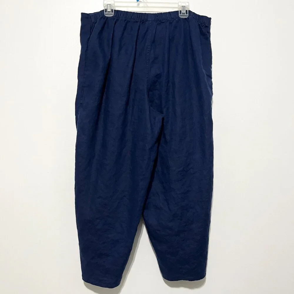 Lands End Womens Wide Leg Linen Pants 1X Coastal Navy Blue Open Side Tie Front
